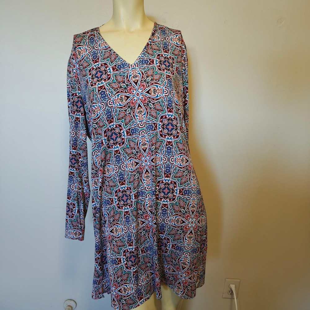 Laundry by Shelli Segal Paisley Print Long Sleeve A-Line Dress Blue Red L